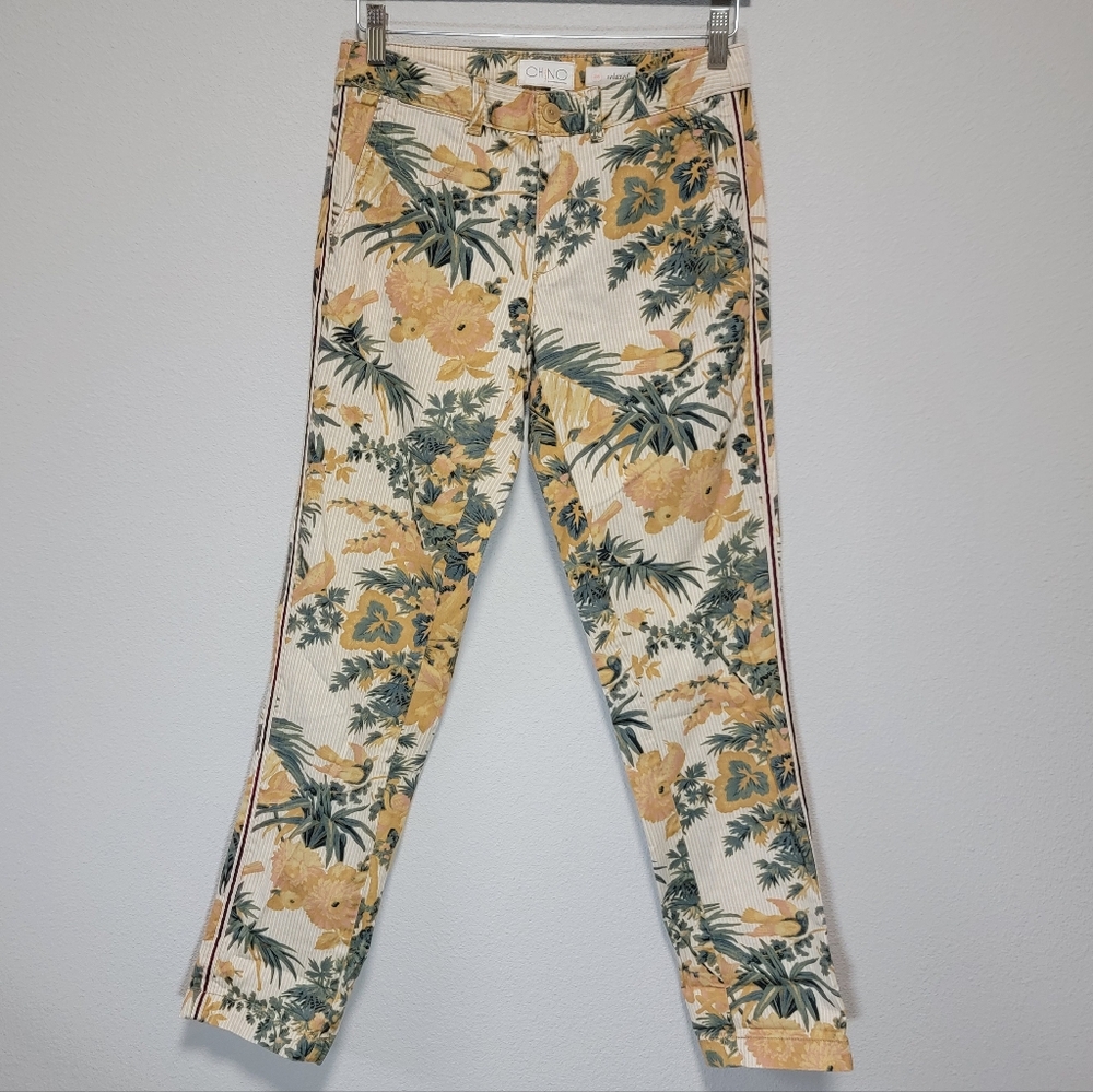 Anthropologie Chino Bird Printed Tuxedo Stripe Relaxed Fit Pants